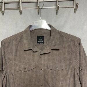 Prana Shirt Men L Beige Checks Button Up Ascension Western Casual Roll Up Sleeve